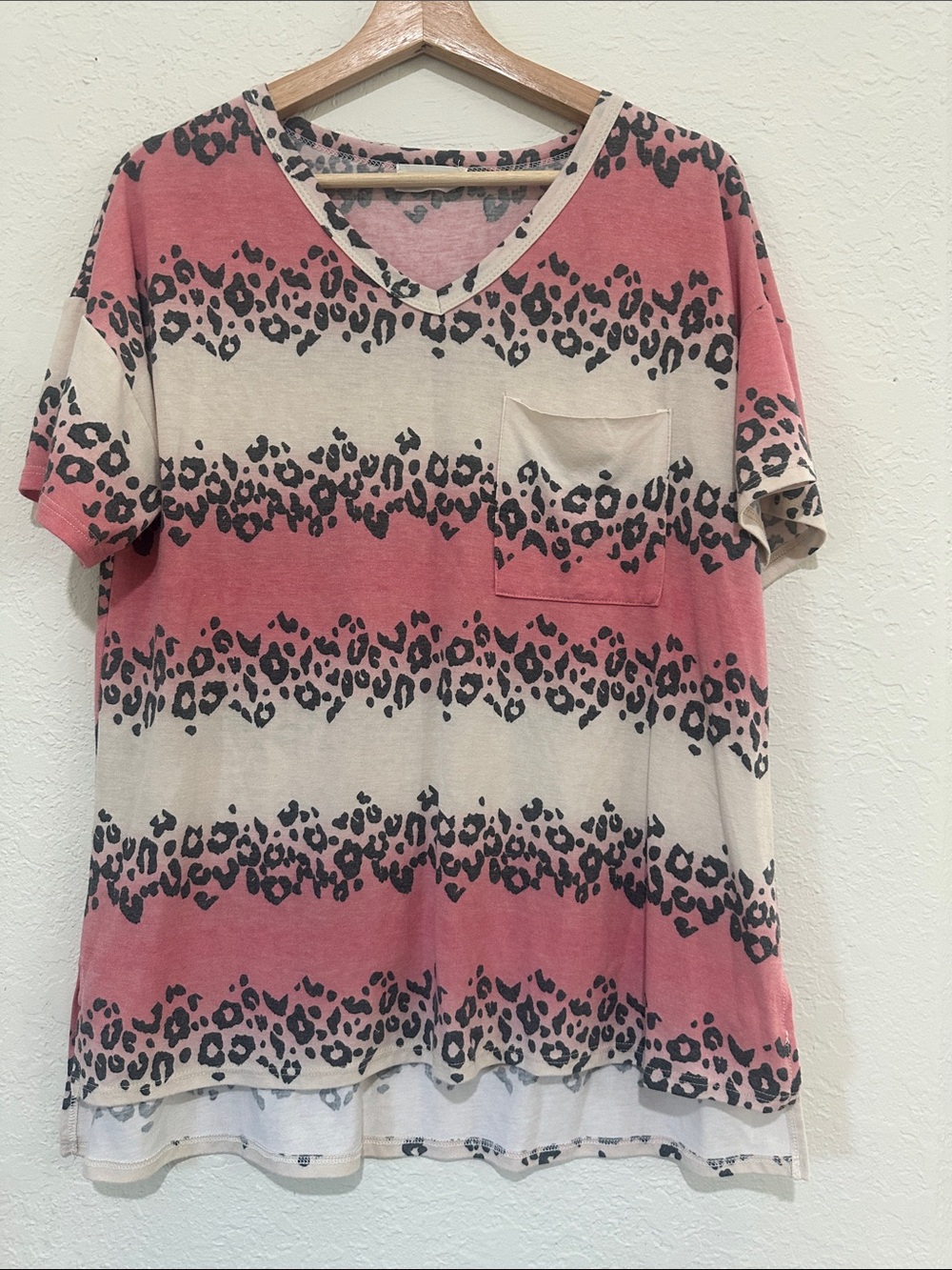 V-Neck Short Sleeve Top in Dusty Rose and Cream with Leopard Stripe